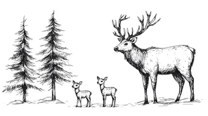 Naklejka na meble Detailed Pen and Ink of a Family of Deer Standing in a Serene Forest Clearing with Fur Textures and Naturalistic Style