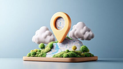 Wall Mural - small map with yellow pin and 3d location marker indicating travel destination on the map
