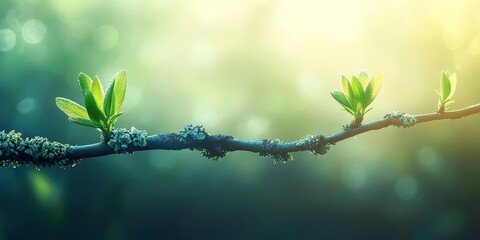 Poster - New Life Springing Forth A Branch Bursting with Green Buds and Sunlight Background