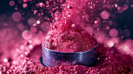 Leinwandbilder - Bright pink powder erupts from a container, creating a stunning visual effect with tiny particles dancing in the air against a soft, blurred backdrop filled with colorful bokeh lights.