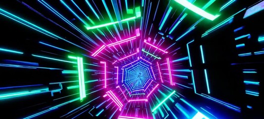Wall Mural - futuristic neon tunnel journey with dynamic geometric patterns and vivid light streaks