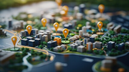 Wall Mural - close-up view of a detailed map with yellow marker and various colored pins indicating locations