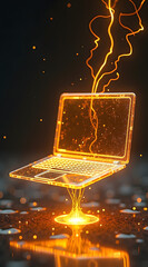 Wall Mural - a glowing laptop emits electric energies in a dark, abstract environment, showcasing technological i