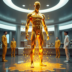 Wall Mural - a futuristic scene with a golden humanoid figure standing confidently in a modern environment, surro