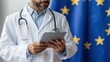 © Satisgitfied - Medical Professional Holding Tablet with European Union Flag Background