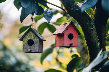 two birdhouses hanging from a tree in a garden