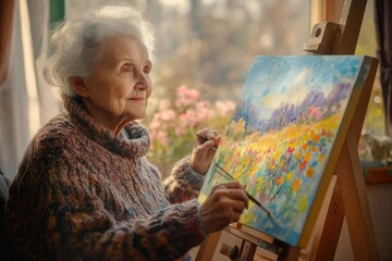 Elderly woman paints a vibrant landscape, showcasing her artistic talent and passion.