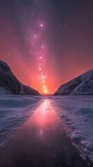 Wall Mural - majestic celestial display over serene frozen landscape with mountain silhouettes and radiant sunset