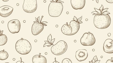 A seamless pattern of outlined cartoon fruits in a monochrome palette with a dynamic, yet simple background. Space available for text overlay.