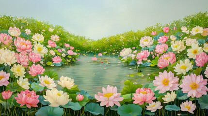 Poster - Vibrant lotus flowers blossom across a serene pond surrounded by lush greenery in early morning light