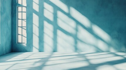 Fototapete - Sunlight pours through a window, casting intricate patterns of shadows on the smooth floor in a tranquil blue room. The calm ambiance invites mindfulness and reflection