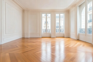 Poster - Elegant empty room with wooden floor and large windows in a historic building during daylight