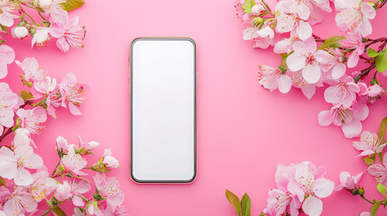 Aufkleber - Smartphone surrounded by cherry blossom flowers on a vibrant pink background in springtime setting