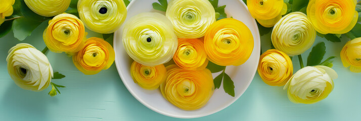 Poster - Beautiful yellow and white ranunculus flowers arranged on a turquoise background in a bowl