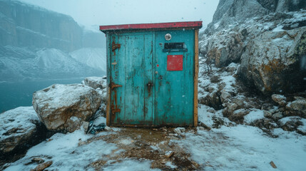 Poster - Site hut, Snowy mountain hut image in high fidelity, depicting a serene winter landscape with intricate details.