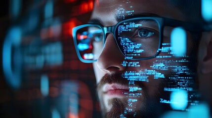 Intense programmer focused on code analysis, illuminated by digital data projections in a tech workspace