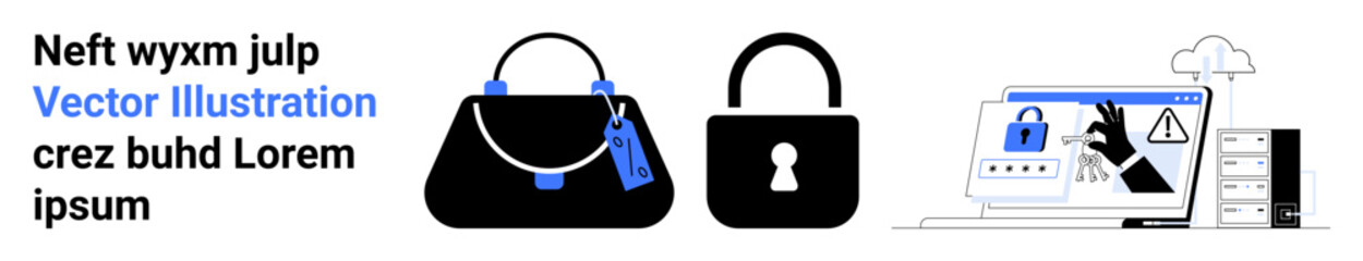 Handbag with security tag, lock icon, screen showing alert signs. Ideal for cybersecurity, privacy, theft prevention, e-commerce, data protection, personal security flat landing page banner