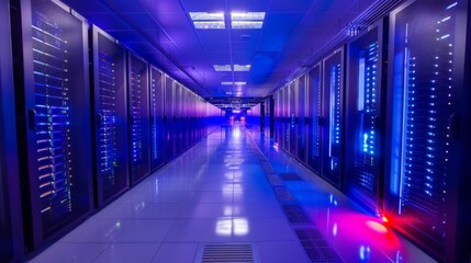 Leinwandbilder - A corridor in a modern data center features rows of illuminated server racks with vibrant blue lights. The sleek design emphasizes efficiency and cutting edge technology.