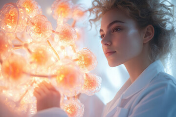 Wall Mural - A young woman in a lab coat examines a glowing, intricate glass sculpture resembling a molecular structure.