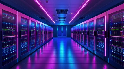 Leinwandbilder - A futuristic data center is highlighted with server racks adorned by vibrant neon lights. The illuminated space creates a dynamic atmosphere ideal for technology and innovation.