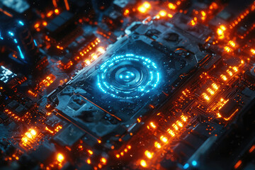 Poster - Futuristic circuit board with glowing blue core and orange circuitry, a digital marvel.
