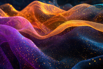 Poster - Abstract art depicting glittering fabric in shades of purple, orange, and gold, creating a dreamy, cosmic effect.