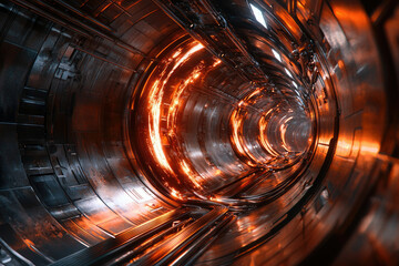 Poster - A futuristic metallic tunnel with glowing orange lights, creating a sense of depth and technological advancement.