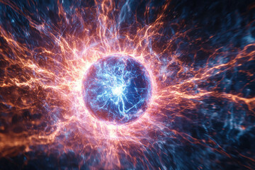 Poster - A vibrant sphere of energy, radiating intense blue and orange flames, explodes with cosmic power.