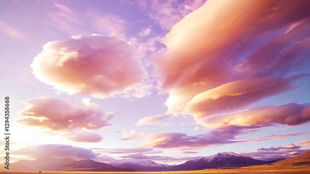A dramatic sunset sky painted in shades of pink and purple, with clouds ...