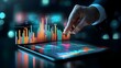 © Marketplace - Businessman s hand interacting with a sleek tablet device showcasing a futuristic financial analysis interface  The display features an interactive data histogram glowing with real time statistics