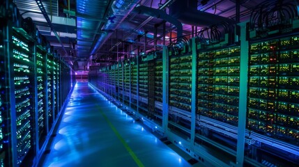 Leinwandbilder - Rows of servers glow in vibrant colors within a state of the art data center, showcasing advanced technology working dynamically during the night.