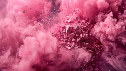 Leinwandbilder - The striking pink powder erupts, enveloping the surrounding area in a vivid cloud. Fuzzy particles distribute throughout the air, creating a captivating visual effect.