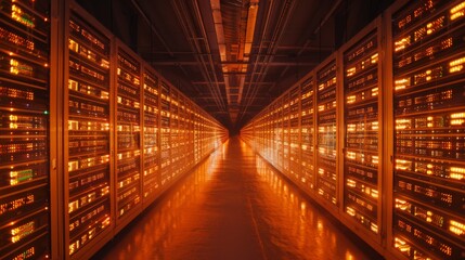 Leinwandbilder - Rows of data servers emit a warm orange glow, creating a striking visual in a darkened data center corridor late at night, showcasing advanced technology and infrastructure.