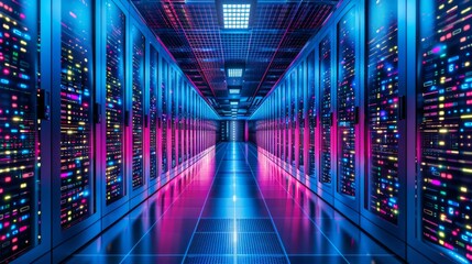 Leinwandbilder - A long corridor in a data center is filled with rows of servers glowing in vibrant colors. The scene highlights the advanced technology and intricate design of server architecture.