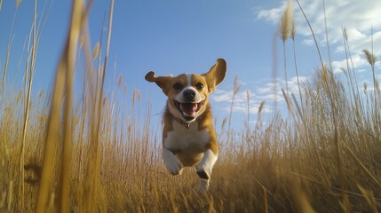 Wall Mural - joyful beagle, running energetically through a meadow, ears flying back as it chases a stick