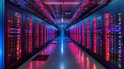 Poster - Long corridor filled with server racks illuminated by vibrant lights, highlighting advanced digital infrastructure in a data center at night.