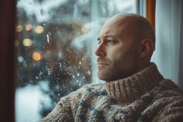 Wall Mural - man looks out snowy window