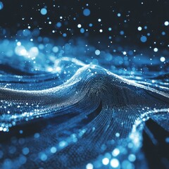 Poster - Abstract Blue Particle Wave: A Serene Depiction of Dynamic Energy and Floating Luminosity