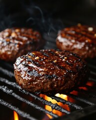Wall Mural - Appetizing grilled beef patties sizzling on a barbecue grill with flames and smoke in a close up view perfect for summer cookouts