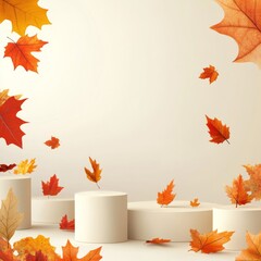 Aufkleber - Autumn Showcase: Minimalist Product Display with Falling Leaves and Cylindrical Pedestals for Season Promotion.