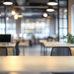 Poster - Blurred Modern Office Space with Desks, Chairs, and Soft Lighting - A Serene and Collaborative Workspace 