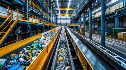 Aufkleber - Conveyor belts transport various types of waste materials in a recycling plant during daylight. The facility emphasizes efficient waste sorting and environmental sustainability.