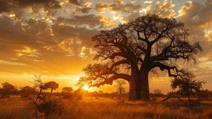 Poster - Golden sunlight filters through the branches of a large baobab tree, revealing the vast savannah landscape beneath a colorful sky at dusk, showcasing nature's stunning beauty.
