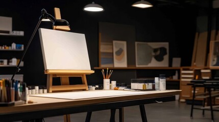 Wall Mural - Art studio with easel and painting supplies, showcasing creative workspace and artworks