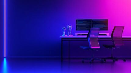 Modern workspace featuring dual monitors with colorful neon lighting and robotic arms in the background
