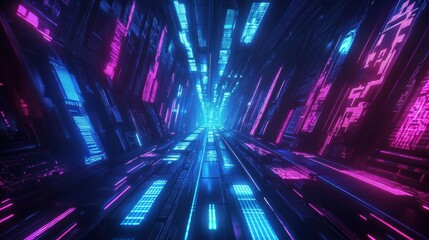 Wall Mural - Futuristic Neon Corridor with Vibrant Blue and Pink Lights