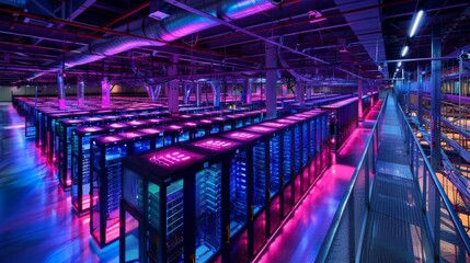 Leinwandbilder - Rows of sleek server racks are lit with vivid pink and blue lights in a modern data center, emphasizing the advanced technology and organized structure of the facility.