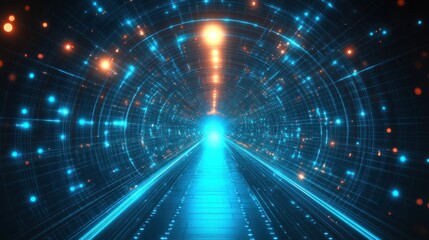 Wall Mural - glowing blue digital tunnel with light particles and motion effect