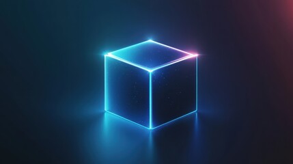Wall Mural - futuristic neon cube with glowing edges on dark background