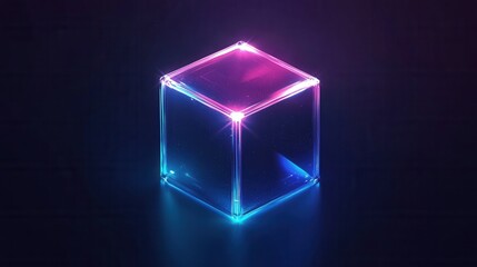 Wall Mural - Vibrant Neon Cube with Glowing Edges on Dark Background
